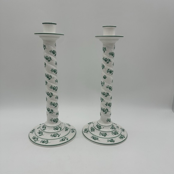 Italy White And Green Flower Tall Candle Stick Holder 13x6" Traditional Home Dec - Picture 7 of 7